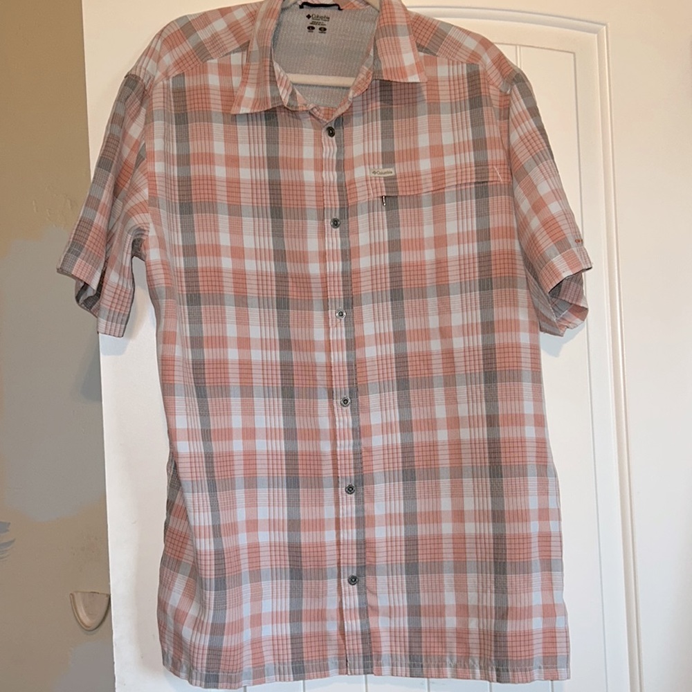 Columbia Mens Short Sleeve Grey White Orange Omni-Shield Button Down Shirt Large